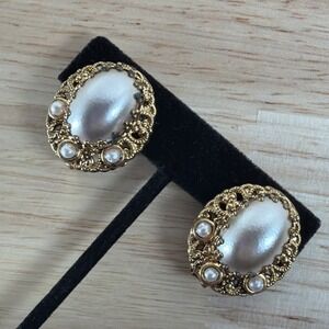 Vintage W. Germany Clip Earrings Gold Tone With Faux Pearl 1 in Signed